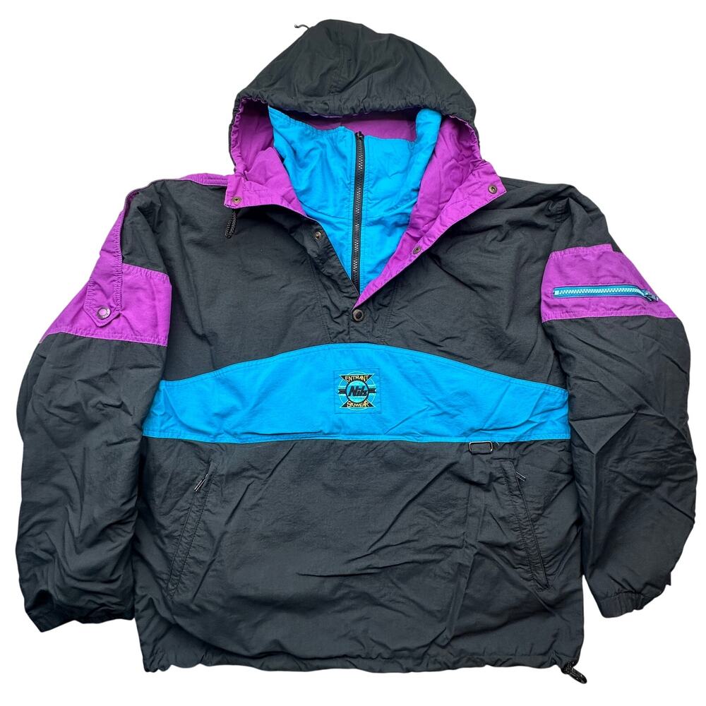 Vintage Nils Skiwear Windbreaker 1/2 Zip Jacket Men Large Colorblock Purple Hood